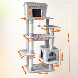 English Elm Beige Plush Multi-cat Tower with Sisal Posts Hammock and Enclosed Hideaway 64in Light Gray W243P326763