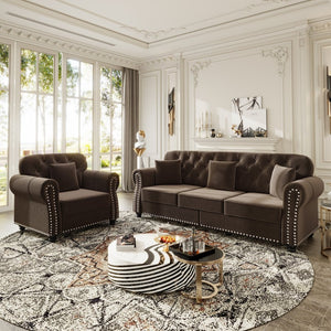 English Elm Upholstered Velvet Chesterfield Sofa with Button Tufting Brass Nailhead and Ottoman Brown W1885S00392