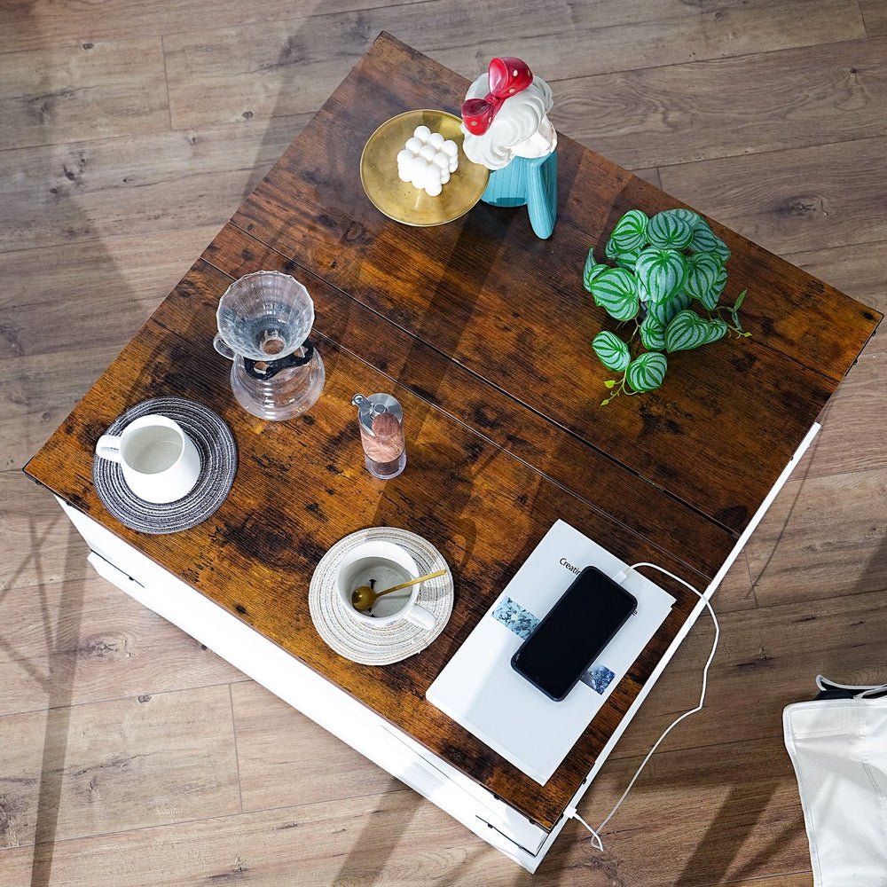 English Elm Coffee Lift-Top Table with USB & Outlets, Square Wood Center Table with Hidden Storage, Vintage White W2896P215179