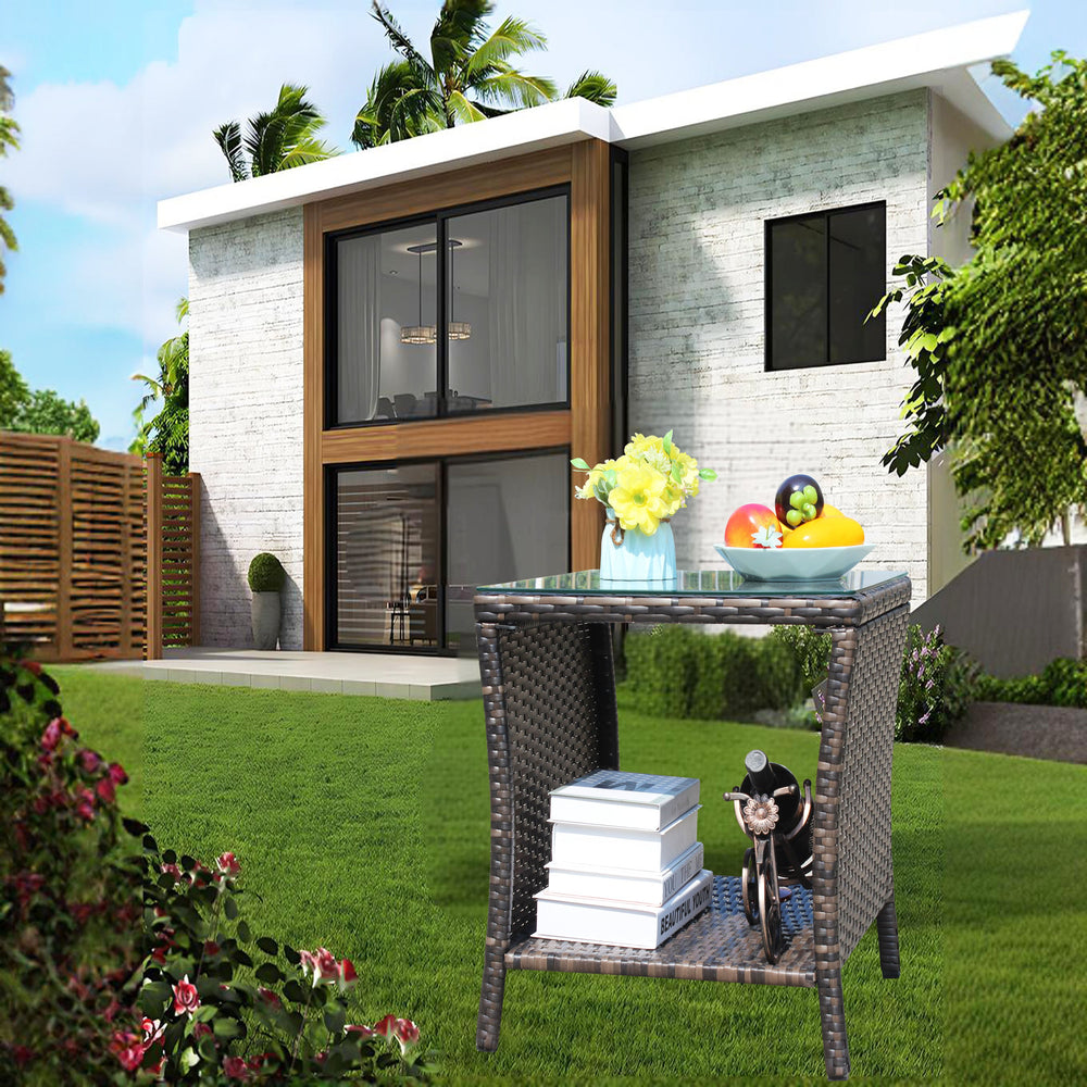 English Elm Outdoor Patio Coffee Table Brown Wicker PE Rattan Steel Frame Clear Tempered Glass 20x20x5.9" UV Resistant Assembly Included W20967009