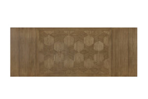 English Elm Trestle Solid Wood Dining Table with Hickory Geometric Veneer Top, Extends 84" to 114" with Leaves Almond 69 L x 27.5 W x 10.5 H B2699S00090