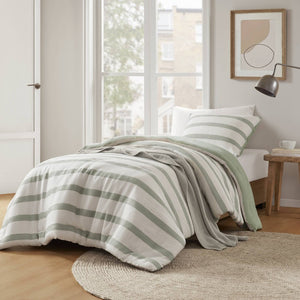 English Elm 2-piece Yarn-dyed Striped Polyester Comforter Set with Seersucker Texture for Year-round Comfort Sage Green B035P463221