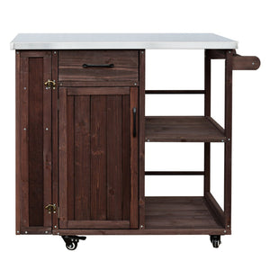 English Elm Foldable Outdoor Kitchen Cart with Stainless Worktop Fir Wood Frame and Lockable Wheels Dark Brown N719P380278S