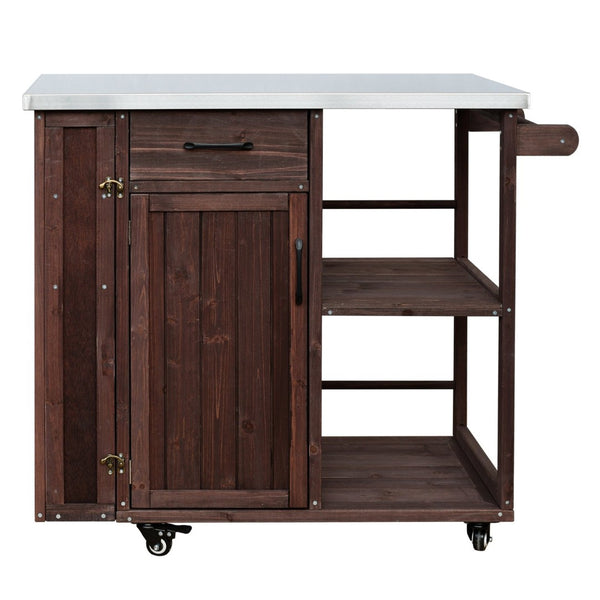 English Elm Foldable Outdoor Kitchen Cart with Stainless Worktop Fir Wood Frame and Lockable Wheels Dark Brown N719P380278S
