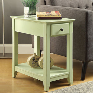 English Elm Wooden Transitional Rectangular Side Table with Slim Footprint, Open Shelf and Single Smooth Drawer Light Green B016P310253