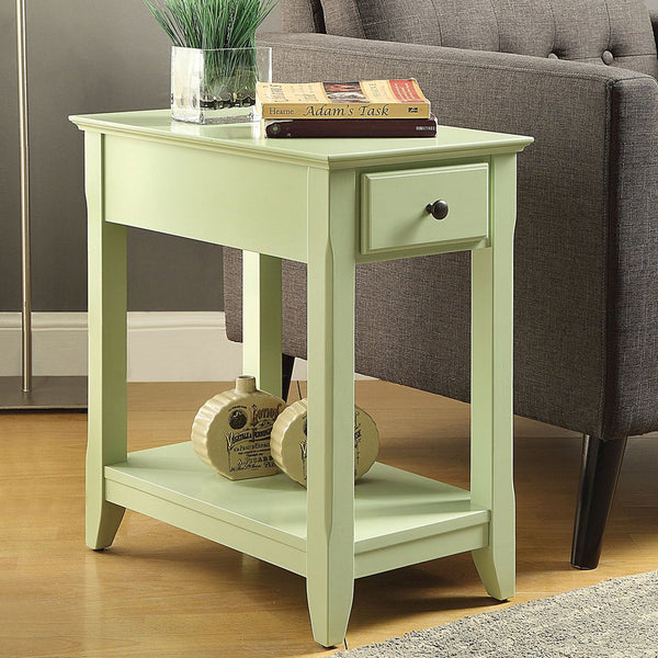 English Elm Wooden Transitional Rectangular Side Table with Slim Footprint, Open Shelf and Single Smooth Drawer Light Green B016P310253