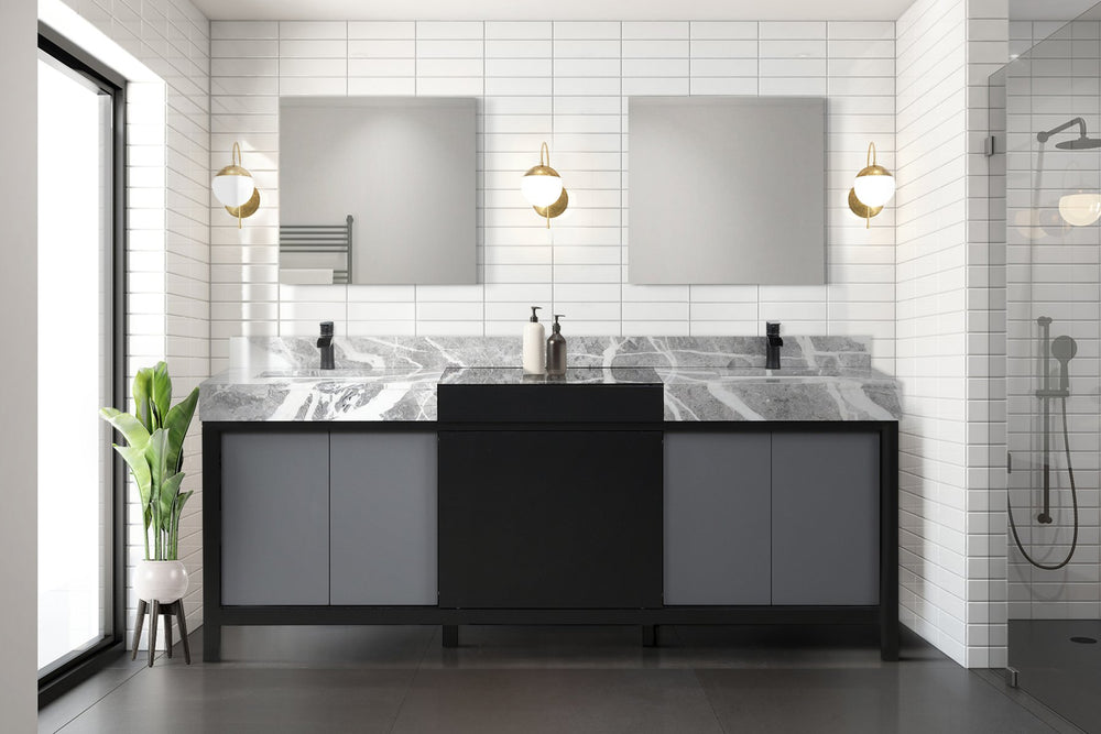 English Elm Black Double Bath Vanity 84" With Castle Grey Marble Top & Matte Black Faucet - Stylish Storage Solution B2731P261131