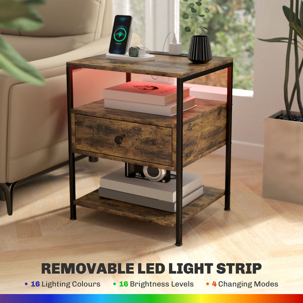 English Elm Homcom Set Of 2 Rustic End Tables With Led Lights & Charging Stations, 3-Tier Storage For Modern Homes W2225P229086