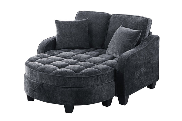 English Elm Two-Seater Chaise Lounge Sofa With Storage Footrest & Stylish Throw Pillows For Modern Living Spaces W487S00389-GIGA