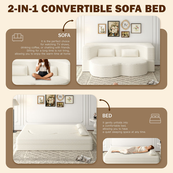 English Elm Modern Full Size Folding Sofa Bed with Plush Corduroy, 2 Pillows, 15" Foam Mattress, No Assembly Required Beige+White W1885P347080