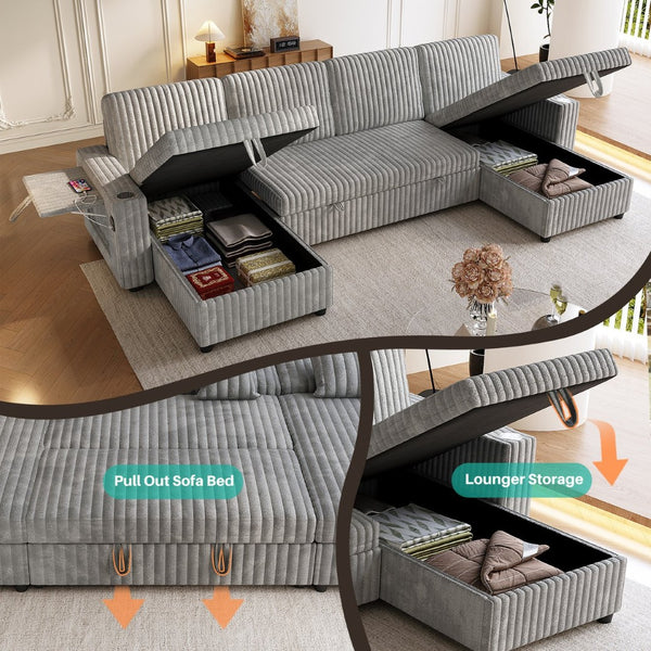 English Elm Oversized U Shaped Corduroy Sectional Sleeper Sofa with Storage Chaise and Usb Ports Grey W2564S00049