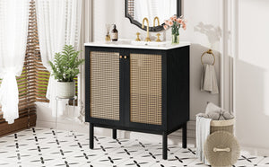 English Elm 30-inch bathroom vanity with handwoven rattan doors, ceramic sink, soft-close hinges, black bamboo elegance N729P285517B