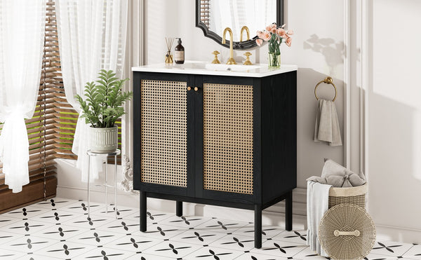 English Elm 30-inch bathroom vanity with handwoven rattan doors, ceramic sink, soft-close hinges, black bamboo elegance N729P285517B