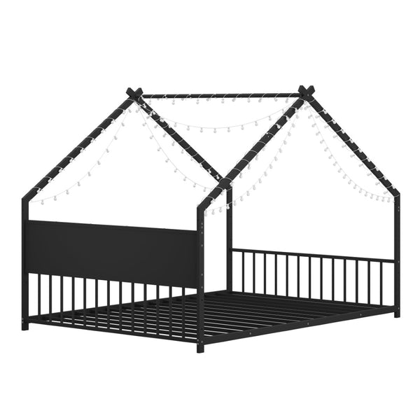 English Elm Twin House Bed Frame with Led Lights Iron Slats Low Profile Kids Bedroom W1820P234582