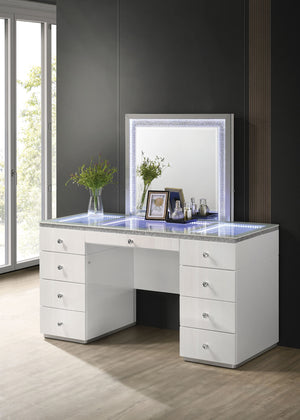 English Elm Contemporary Glam Vanity with Rhinestone Trim and Tempered Glass Top, High Gloss Finish, Illuminated Appeal White 35 L x 31 W x 4 H B2741S00672
