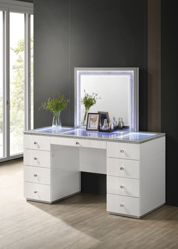 English Elm Contemporary Glam Vanity with Rhinestone Trim and Tempered Glass Top, High Gloss Finish, Illuminated Appeal White 35 L x 31 W x 4 H B2741S00672