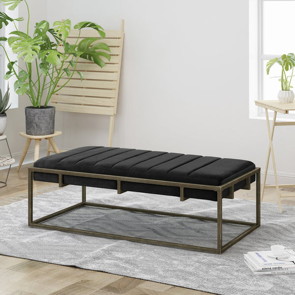 English Elm Christopher Knight Home® - Upholstered Velvet Ottoman Bench – Elegant Brass Frame, Chic Black Design For Modern Interiors N757P256384B