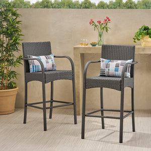 English Elm Christopher Knight Home® - CASCADA Outdoor Wicker Barstools Set of 2 — Durable Powder-Coated Iron Frame, Handcrafted Faux Rattan Lounge Grey 64901.00GRY