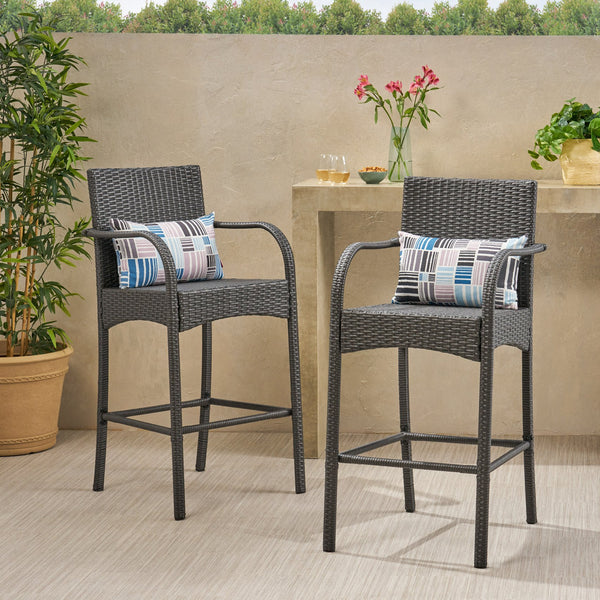 English Elm Christopher Knight Home® - CASCADA Outdoor Wicker Barstools Set of 2 — Durable Powder-Coated Iron Frame, Handcrafted Faux Rattan Lounge Grey 64901.00GRY