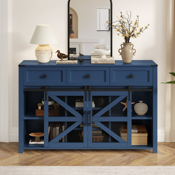 English Elm U_style Industrial Sideboard with Sliding Barn Doors Iron Mesh Panels and Three Drawers Navy Blue N711P347384V