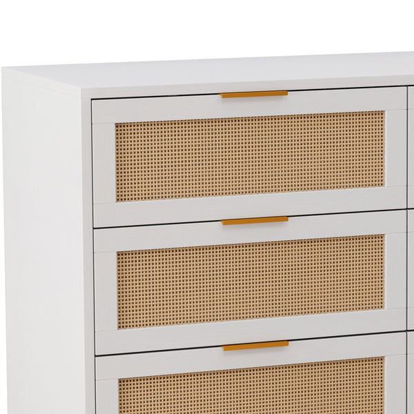English Elm 51.18"6-Drawers Rattan Storage Cabinet with Woven Fronts, White Dresser for Bedroom & Living Room, Space-Saving Stylish Organizer W757P235127