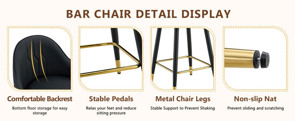 English Elm Set of 2 Pu Leather Barstools with Gold Footrest Curved Back for Kitchen Island Black W1151P383770
