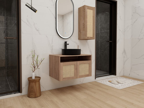 English Elm 30" Floating Bathroom Vanity Set with Ceramic Vessel Sink and Rattan Side Cabinet W999S00496