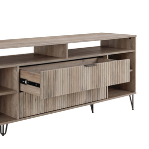 English Elm Dumbo 63" Fluted Media Console with Gold Legs, 2 Drawers, 6 Shelves & Wire Management Elegance Grey B365P397919