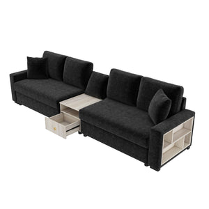 English Elm Modern Chenille Modular Sofa with Storage Armrest Console Table Living Room Seating Black N763S000064B