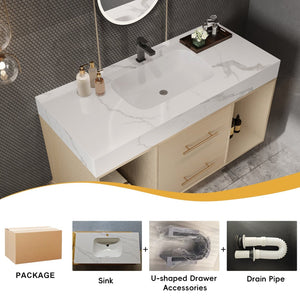 English Elm 39.4 Inch Floating Bathroom Vanity Sintered Stone Top Solid Wood 2 Soft Close Drawers W3136S00030