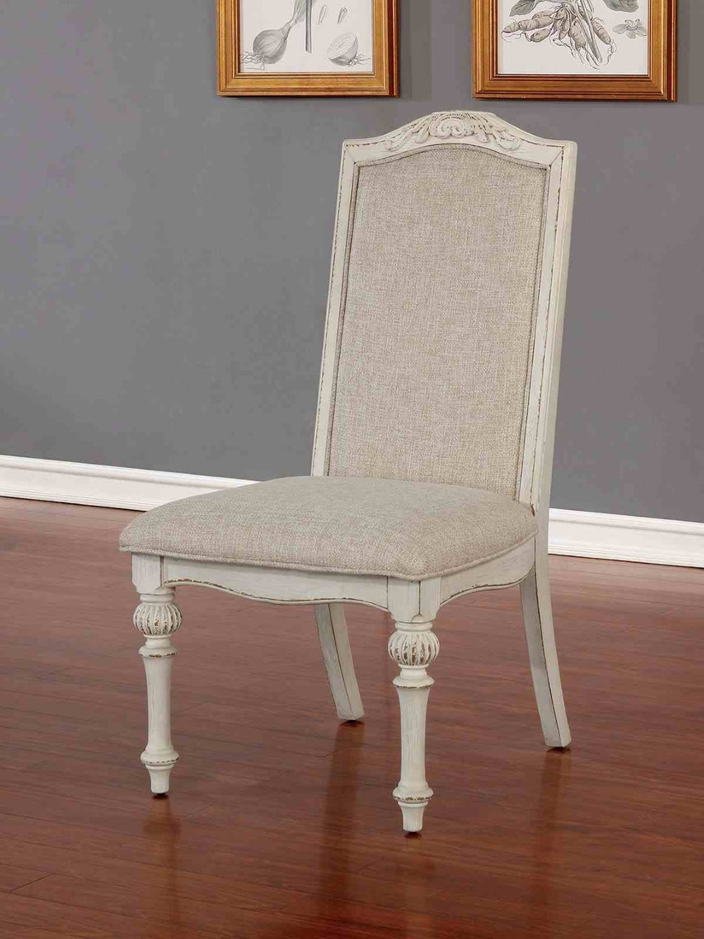 English Elm Elegant Round Pedestal Dining Set Carved Wood Table with Four Upholstered Side Chairs Antique White,Ivory B2741S00890