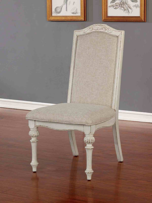English Elm Elegant Round Pedestal Dining Set Carved Wood Table with Four Upholstered Side Chairs Antique White,Ivory B2741S00890