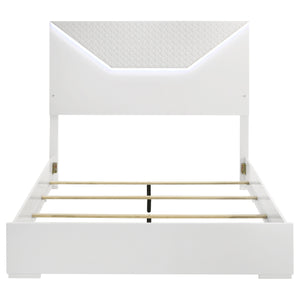 English Elm Pierce Queen Bed White High Gloss LED Headboard Diamond Panel Modern Platform Bed with Halo Lighting B062S01368