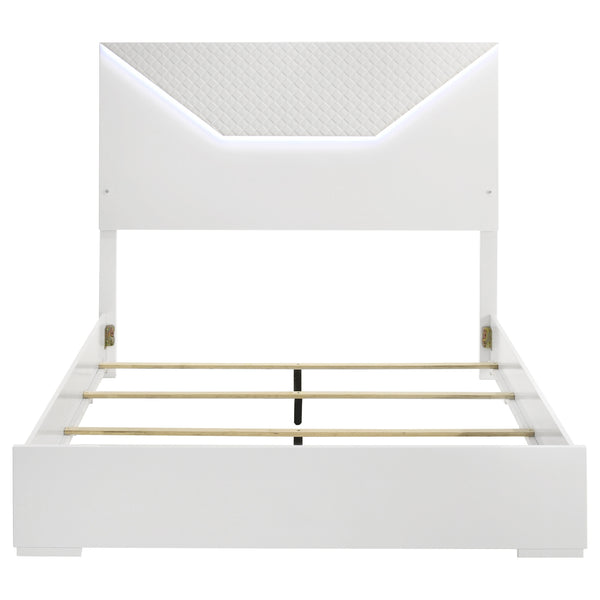 English Elm Pierce Queen Bed White High Gloss LED Headboard Diamond Panel Modern Platform Bed with Halo Lighting B062S01368