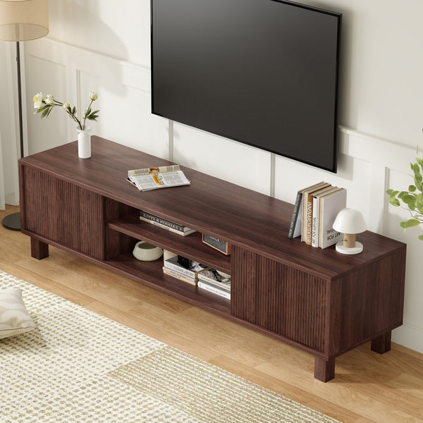 English Elm Modern Low Profile Media Console with Open Shelving and Concealed Cabinet Storage Walnut T3623P435419