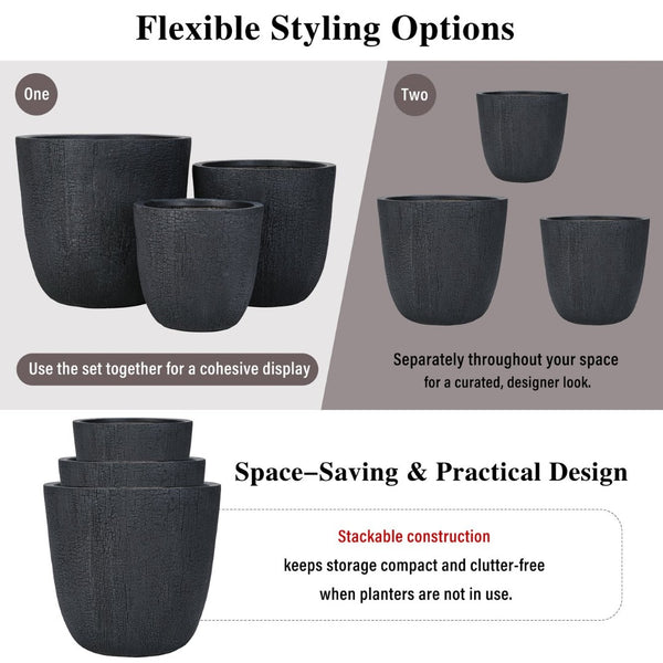 English Elm U_style Mgo Round Planters Set of Three Crackle Stone Texture Patio Garden Pots Black N711P406660B