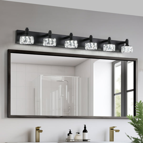 English Elm Modern 6-Light Matte Black Led Vanity Light With Crystal Shades - Elegant Bathroom Wall Sconce W2312P374904
