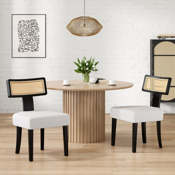 English Elm Upholstered Armless Dining Chairs with Rattan Back Hardwood Frame French Country Set of 2 Beige+Black T3623P411725