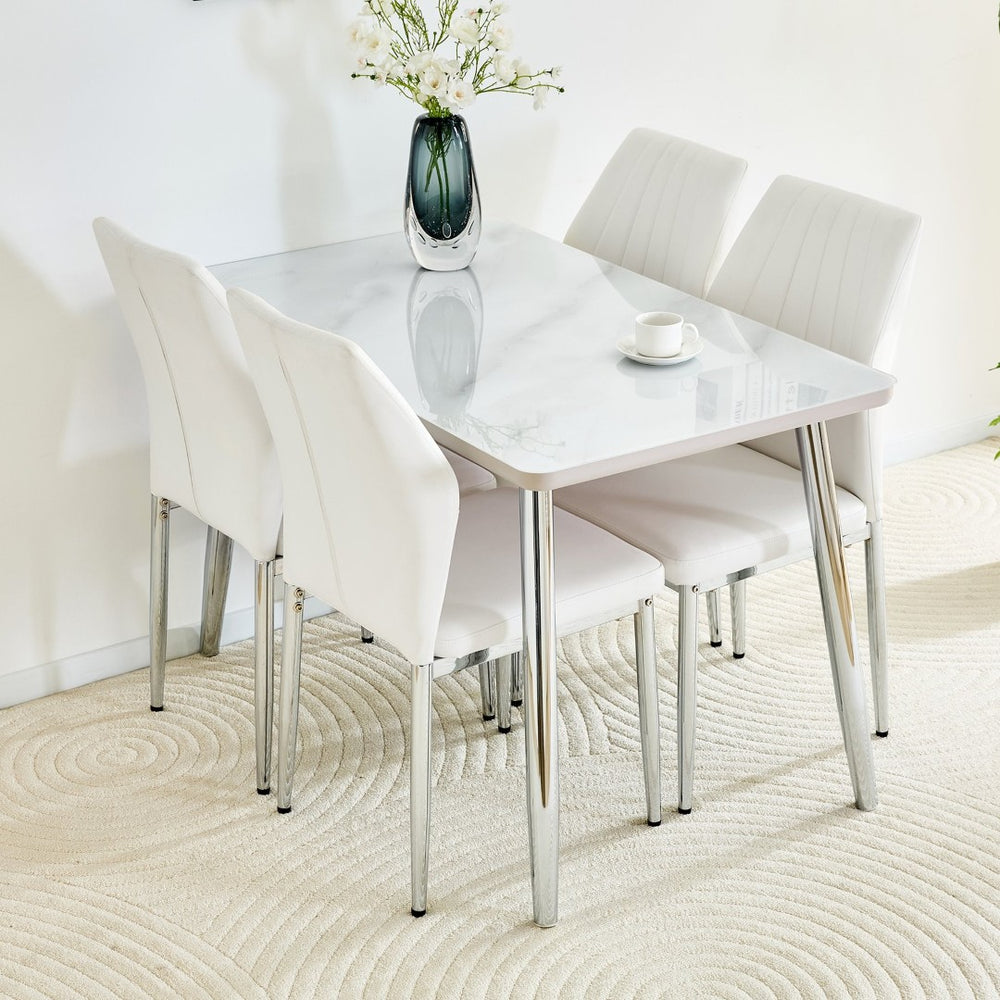English Elm Table and Chair Set Marble Glass Top Silver Legs Four Seat Modern Dining W1151S04641