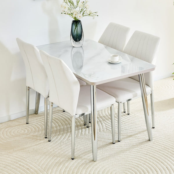 English Elm Table and Chair Set Marble Glass Top Silver Legs Four Seat Modern Dining W1151S04641