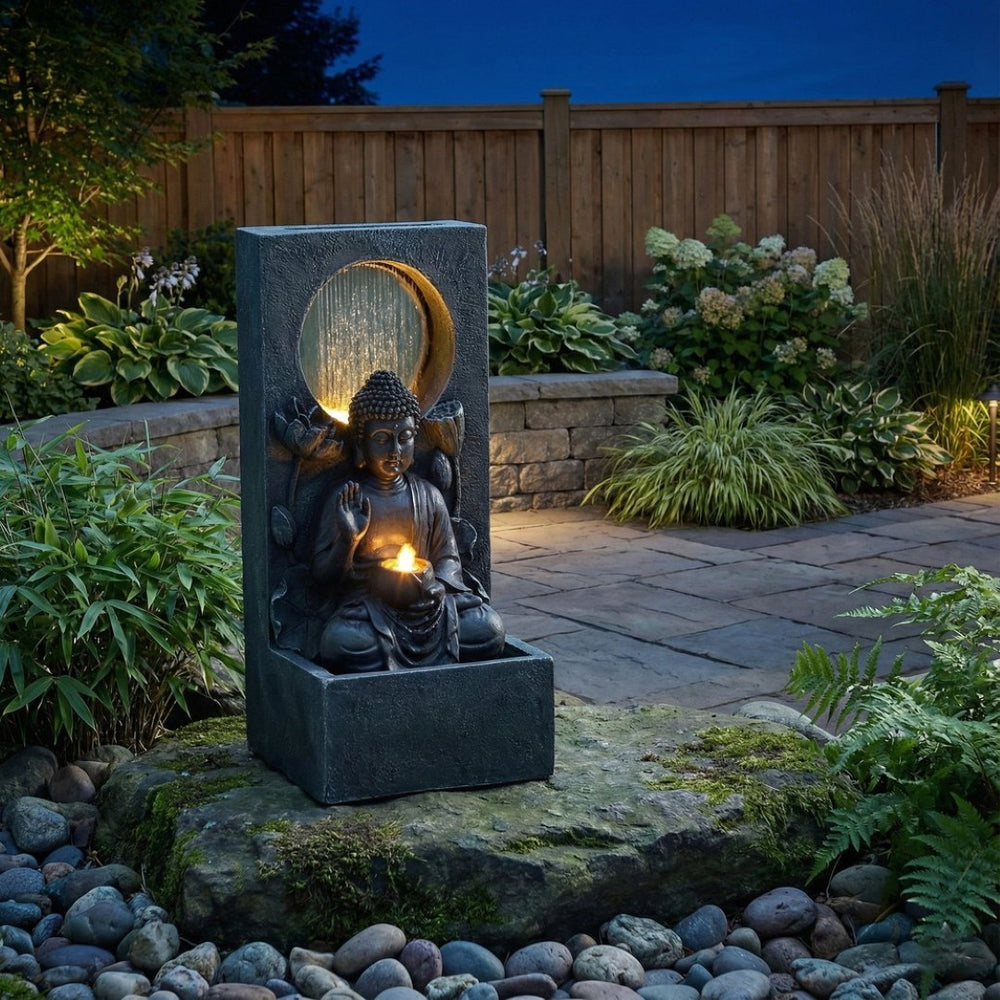 English Elm 28" Outdoor Buddha Resin Fountain Led Lit Tiered Water Feature for Patio Garden W853P412657