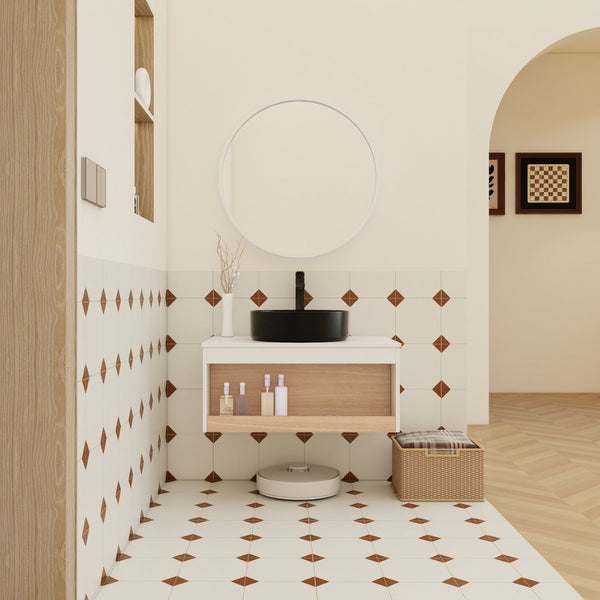 English Elm 30" Floating Wall Mount Bathroom Vanity Open Shelf Ceramic Vessel Sink Modern White Black,White + Light Oak W3450S00057