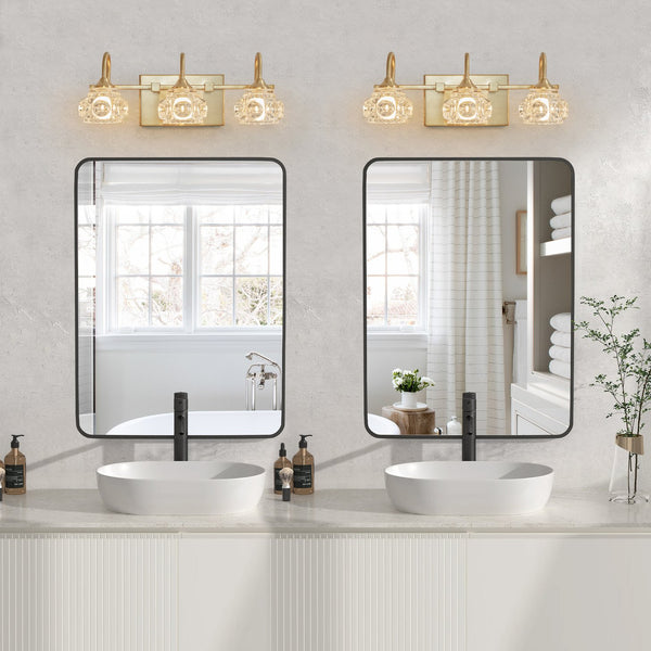 English Elm 17" Modern Crystal Bathroom Vanity Light - 3-Light Gold Wall Sconce with Clear Glass Shades, Elegant Hard-Wired Fixture W2312P374823