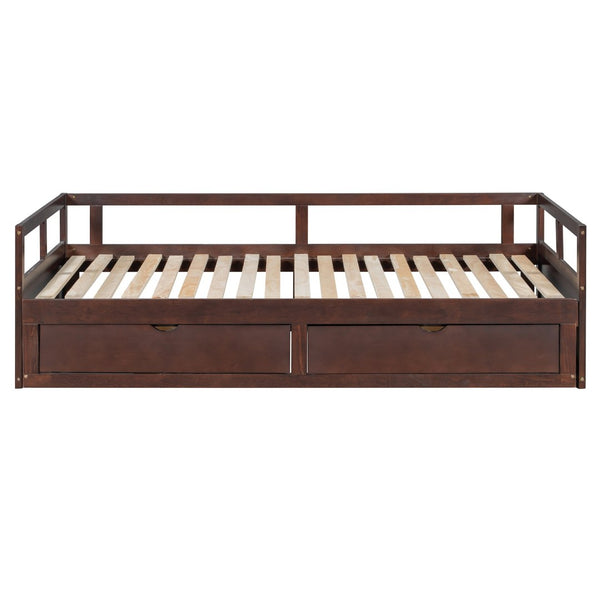 English Elm Wooden Twin to King Daybed with Trundle and Storage Drawers for Guest Rooms Espresso N708P336539P
