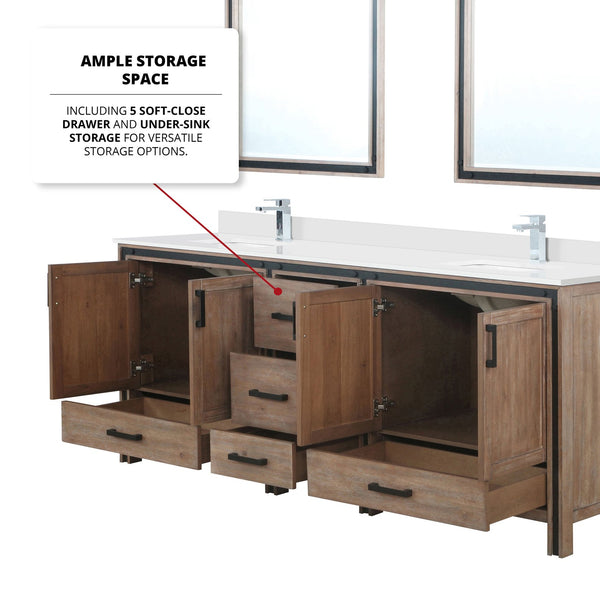 English Elm Rustic Barnwood Double Bath Vanity 84" W x 22" D with White Quartz Top, Chrome Faucets & 34" Mirrors B2731S01137