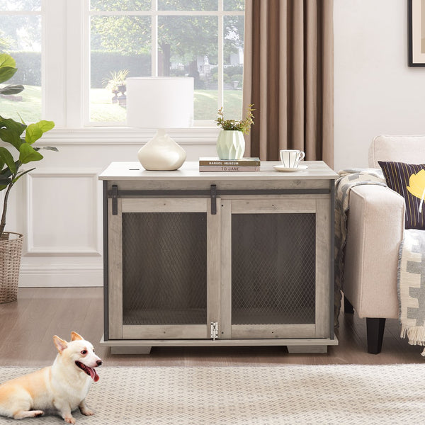 English Elm Farmhouse Dog Cage Crate Furniture with Sliding Barn Door, Secure Metal Latch, Flip-Up Top Access and Removable Divider for Small to Large Dogs (40.94x30.51x6.69) Gray Wash W2275P164727