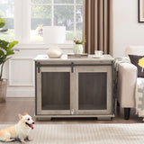 English Elm Farmhouse Dog Cage Crate Furniture With Sliding Barn Door, Farmhouse Wooden Dog Kennel End Table With Flip-Top Plate Dog House With Detachable Divider For Small/Medium/Large Dog Gray