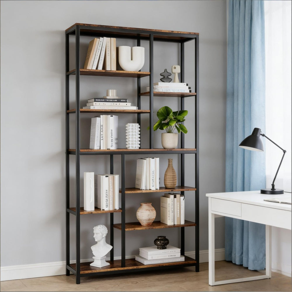 English Elm Tall Industrial Etagere Bookcase with Staggered Open Shelves for Living Room or Office T3971P449887