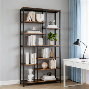 English Elm Tall Industrial Etagere Bookcase with Staggered Open Shelves for Living Room or Office T3971P449887