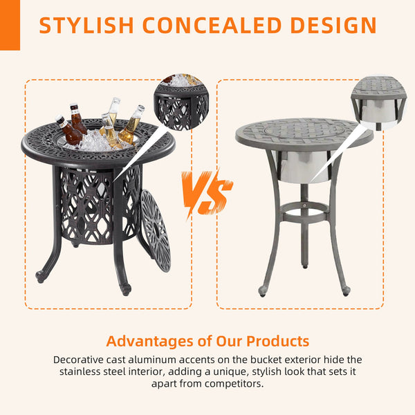 English Elm 21" Rustproof Ice Bucket Side Table with Hand-Brushed Cast Aluminum Frame, 304 Stainless Insert, Outdoor Ready W1886S00001